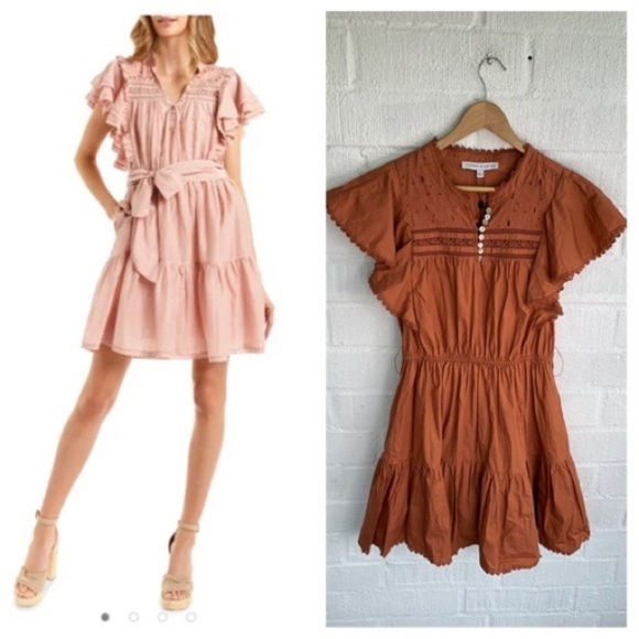 Secret Mission Bartolina Ruffled Cotton Crochet Flutter Sleeve Pocket Dress sz L - Picture 16 of 16